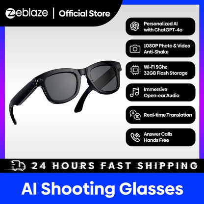 Zeblaze lunettes de tir haute résolution Photo et vidéo Audio à oreille ouverte AI personnalisé avec ChatGPT-4o Wi-Fi 5Ghz 32GB de stockage